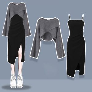 Chic Cross Sweater Ruffled Split Slip Dress Two Pieces - Modakawa modakawa