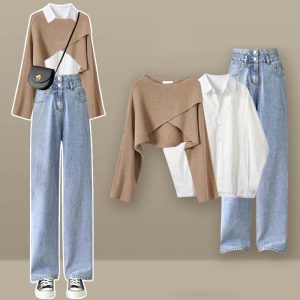 Cross Knit Sweater Lapel Shirt Denim Pants Three Pieces - Modakawa Modakawa